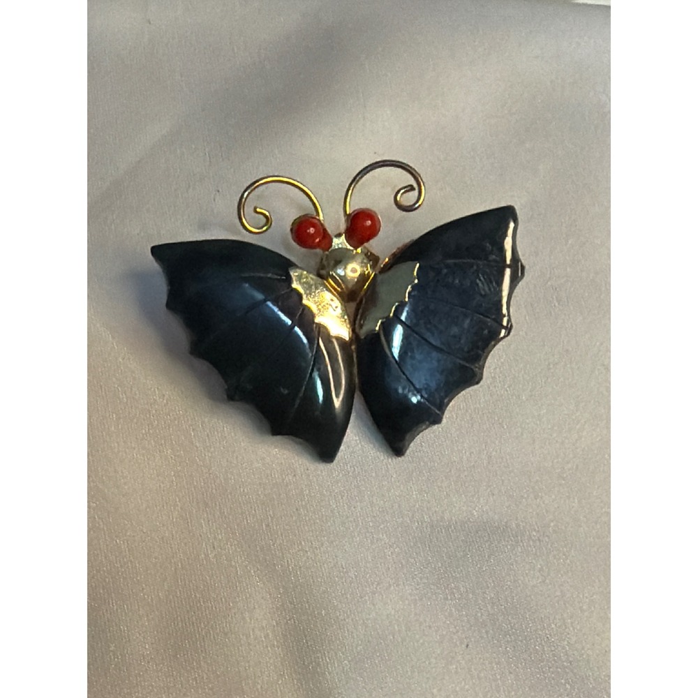 Vintage Black Butterfly Brooch Gold Tone Red Bead Accents Insect Pin Carved Wing
